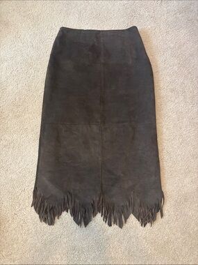 Vintage Crossing Pointe Dark Brown 100% Suede Fringe Midi Skirt